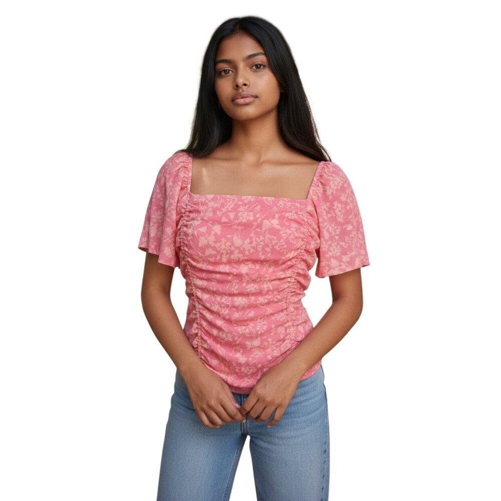 Lush Floral Ruched Front Blouse~Size Medium~Pink Smocked Back Top NWOT  L13 16